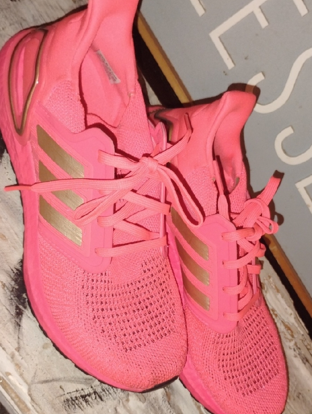 adidas Ultra Boost 20 Women's SIGNAL Pink Running Shoes with SILVER Stripes- 8.5